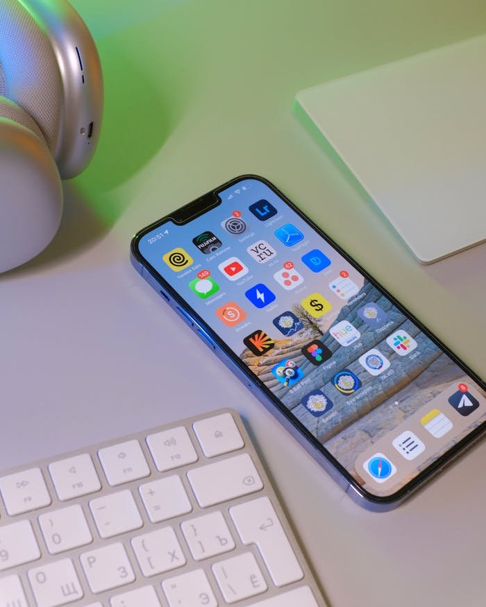 Close-up of a smartphone display with apps on a white desk next to a keyboard.